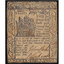 May 1, 1777 Twenty Shillings Delaware Colonial Currency Note