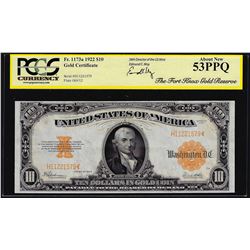 1922 $10 Gold Certificate Note PCGS About New 53PPQ SPECIAL GOLD HOLDER