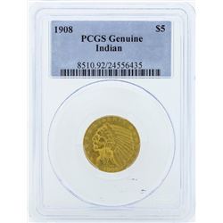 1908 $5 Indian Head Half Eagle Gold Coin PCGS Genuine