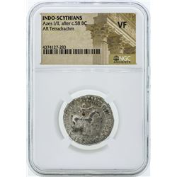 58 BC Indo Scythians Azes I/II AR Tetradrachm Coin NGC VF