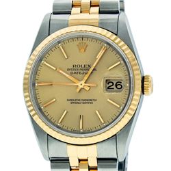 Mens Rolex 36mm Two Tone Yellow Gold Champagne Index DateJust Wristwatch