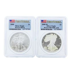 Lot of (2) 2008 $1 American Silver Eagle Coins PCGS MS70 & PR70DCAM