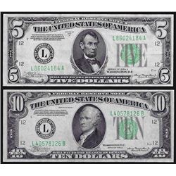 Lot of 1934A $5 & 1934A $10 Federal Reserve Notes
