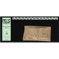 April 10, 1774 Maryland $1/3 Colonial Currency Note PCGS Fine 15