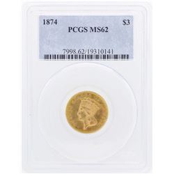 1874 $3 Indian Princess Head Gold Coin PCGS MS62