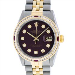 Rolex Mens Two Tone 14KT Yellow Gold Ruby and 1.50ctw Diamond Datejust Wristwatc