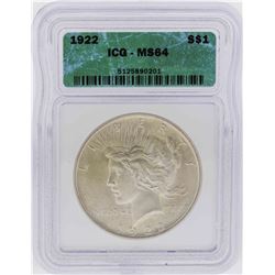 1922 $1 Peace Silver Dollar Coin ICG MS64