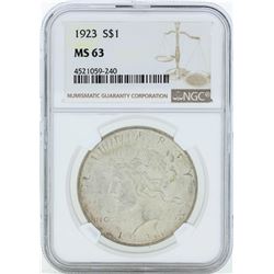 1923 $1 Peace Silver Dollar Coin NGC MS63