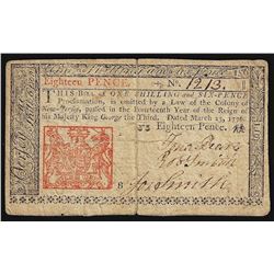 March 25, 1776 New Jersey Eighteen Pence Colonial Currency Note