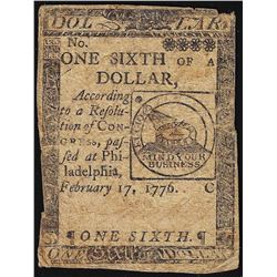 February 17, 1776 $1/6 Continental Currency Note