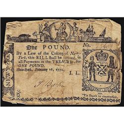 February 16, 1771 New York 1 Pound Colonial Currency Note