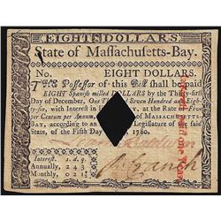 1780 Massachusetts Bay $8 Colonial Currency Note