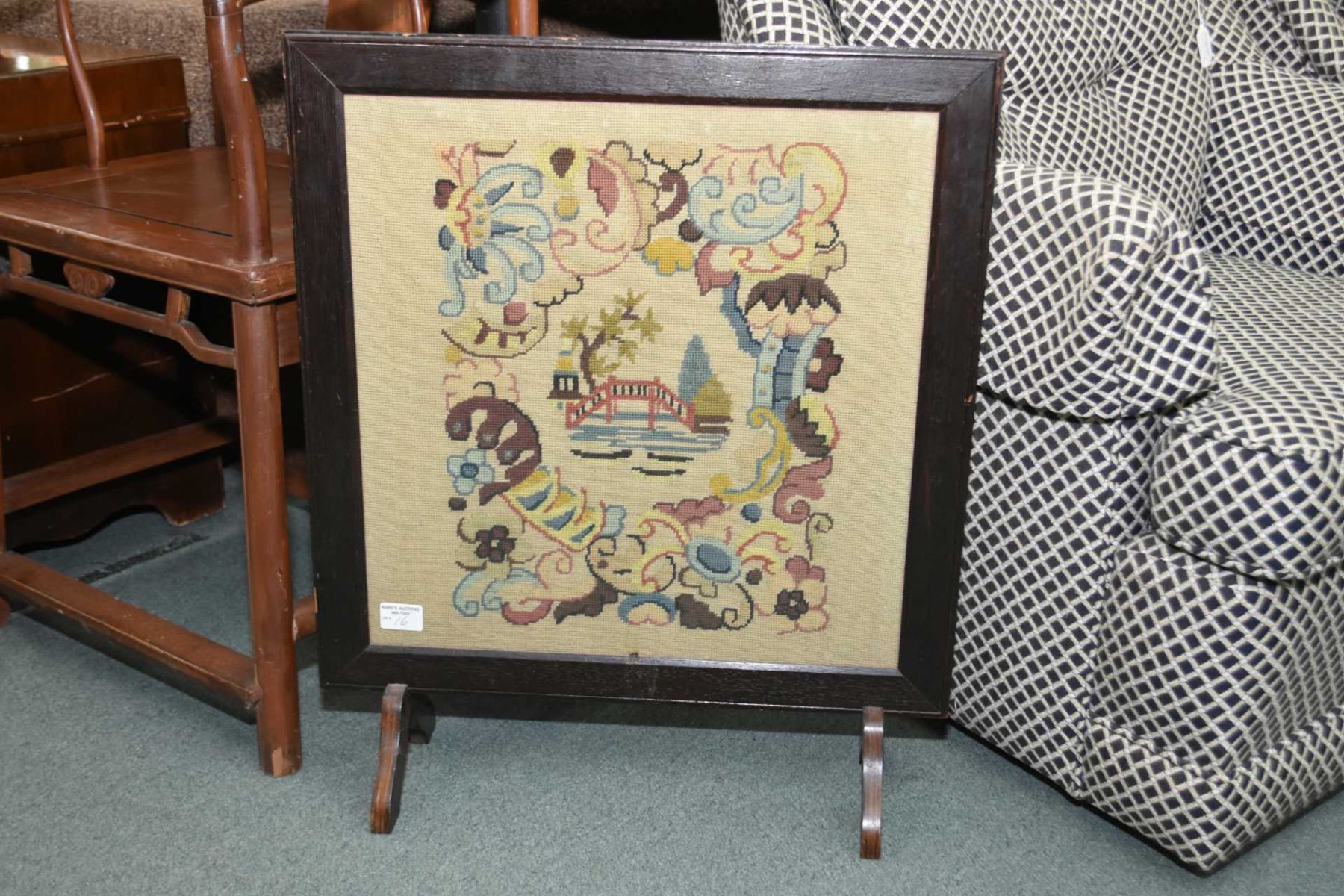 Oak framed vintage fireplace draft screen with needlepoint panel