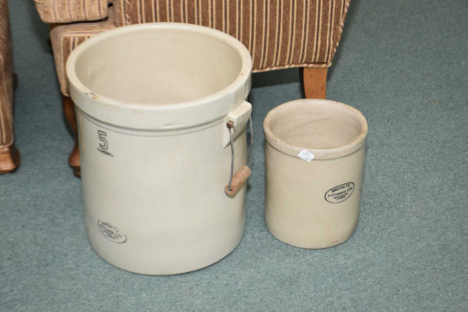 Two Medalta stoneware crocks including a five gallon