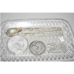 Selection of Oriental white metal collectibles including turtle paper weight, a rectangular twin dra