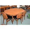 Image 1 : Mid century modern round teak dining table with two 20" insert leaves and six chairs with upholstere