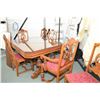 Image 1 : Antique walnut refractory style dining table with insert leaf and five chairs including on carver, n