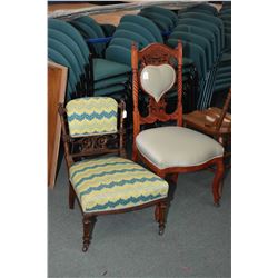 Two antique side chairs including a Victorian slipper chair and a heart back chair, both with ornate