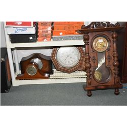 Four clocks including two wall clocks and two mantle clocks, one pendulum missing and each in need o