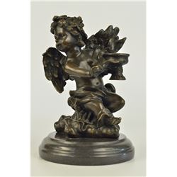 Cherub Angel With Flowers Bronze Sculpture Candle Holder (9"X5")