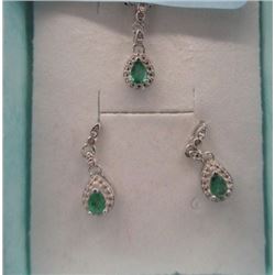 EARRINGS & NECKLACE SET - .75 PEAR FACETED EMERALD & DIAMONDS IN STERLING SILVER SETTING - INCLUDES 