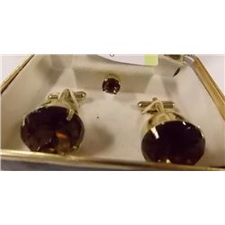 VINTAGE CUFF LINK SET WITH TIE PIN - SMOKY TOPAZ?
