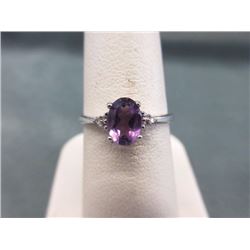RING - OVAL FACETED AMETHYST & 2 DIAMONDS IN STERLING SILVER SETTING - RETAIL ESTIMATE $300