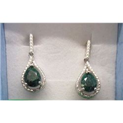 EARRINGS- EMERALDS & DIAMONDS IN STERLING SILVER DANGLE DESIGNED SETTING - RETAIL ESTIMATE $400