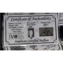 SILVER INGOT - .999 FINE SILVER - 5 GRAIN - WITH CERTIFICATE OF AUTHENTICITY - MINT SEALED