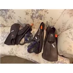 LOT OF FLIPPERS, SNORKLES & MASKS
