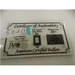 SILVER INGOT - .999 FINE SILVER - 5 GRAIN - WITH CERTIFICATE OF AUTHENTICITY - MINT SEALED