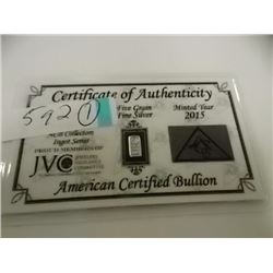 SILVER INGOT - .999 FINE SILVER - 5 GRAIN - WITH CERTIFICATE OF AUTHENTICITY - MINT SEALED
