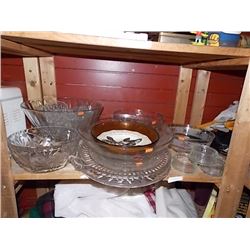 SHELF OF GLASSWARE, PLATES & MORE