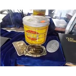 VINTAGE TOBACCO TIN & 3 BELT BUCKLES