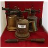 Image 1 : THREE ANTIQUE BRASS BLOW TORCHES & ROD