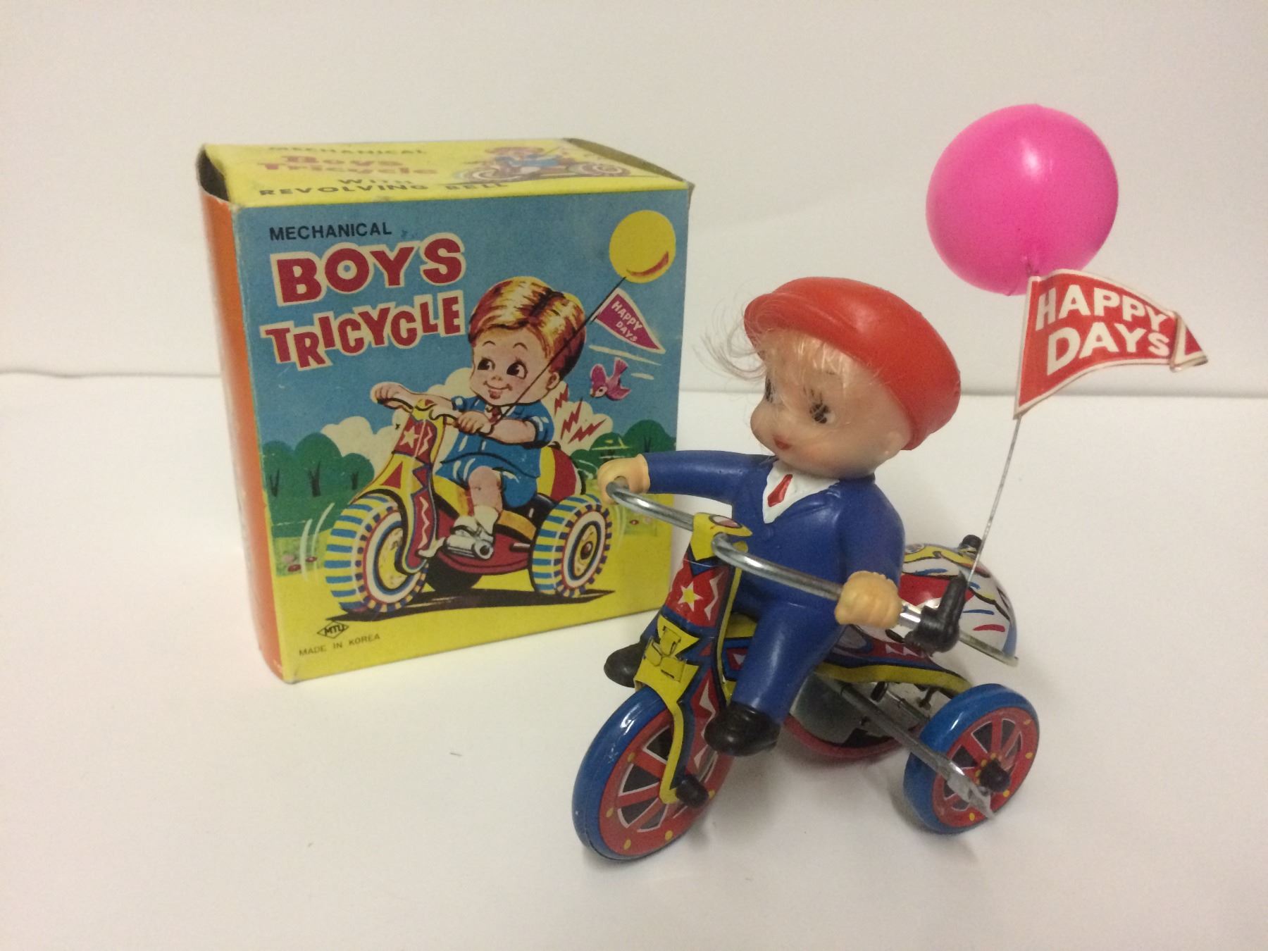 Mechanical Boys Tricycle Wind Up Tin Litho Toy