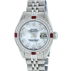 Rolex Ladies Stainless Steel And White Gold MOP Diamond and Ruby DateJust Wristw