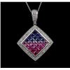 Image 2 : 2.45 ctw Multi Color Sapphire and Diamond Pendant With Chain - 14KT White Gold