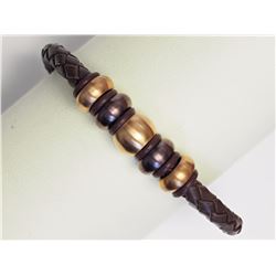 Stainless Steel Brown Leather (8" Inches ) with Beads Men's Bracelet Retail $90