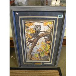 FRAMED SIGNED & NUMBERED PRINT BY LEE KROMSCHROEDER (TAPISTRY-SCREECH OWL) CERTIFICATE IN BACK (19 3