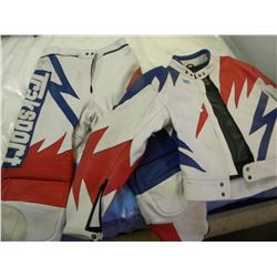 SIZE 52 RED WHITE AND BLUE LEATHER TRAX SPORT MOTORCYCLE JACKET AND PANTS
