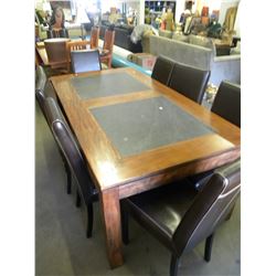 INLAID SHALE AND WOOD DINING TABLE WITH 8 FAUX LEATHER CHAIRS