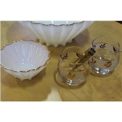 VINTAGE MILK GLASS BOWL SET AND CREAM AND SUGAR WITH TONGS