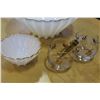Image 1 : VINTAGE MILK GLASS BOWL SET AND CREAM AND SUGAR WITH TONGS