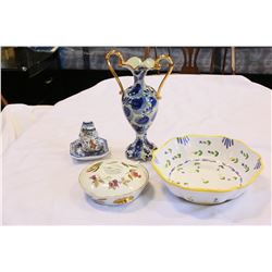 LOT OF HAND PAINTED PIECES AND ROYAL WORCESTER LIDDED DISH