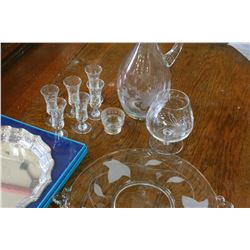 BIRKS COMMEMORATIVE PLATE IN ORGINAL BOX AND VINTAGE ETCHED GLASS DECANTER SET SERVING PLATTER AND G