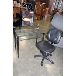 BLACK METAL AND GLASS VANITY WITH BLACK LEATHER ROLLING CHAIR