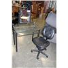 Image 1 : BLACK METAL AND GLASS VANITY WITH BLACK LEATHER ROLLING CHAIR