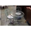 Image 1 : WROUGHT IRON GLASS TOP PATIO TABLE AND THREE CHAIRS