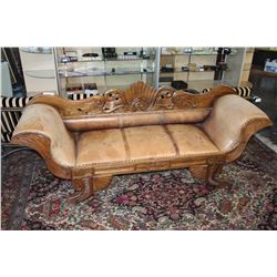 REPRODUCTION CARVED ENTRY BENCH WITH DISTRESSED LEATHER